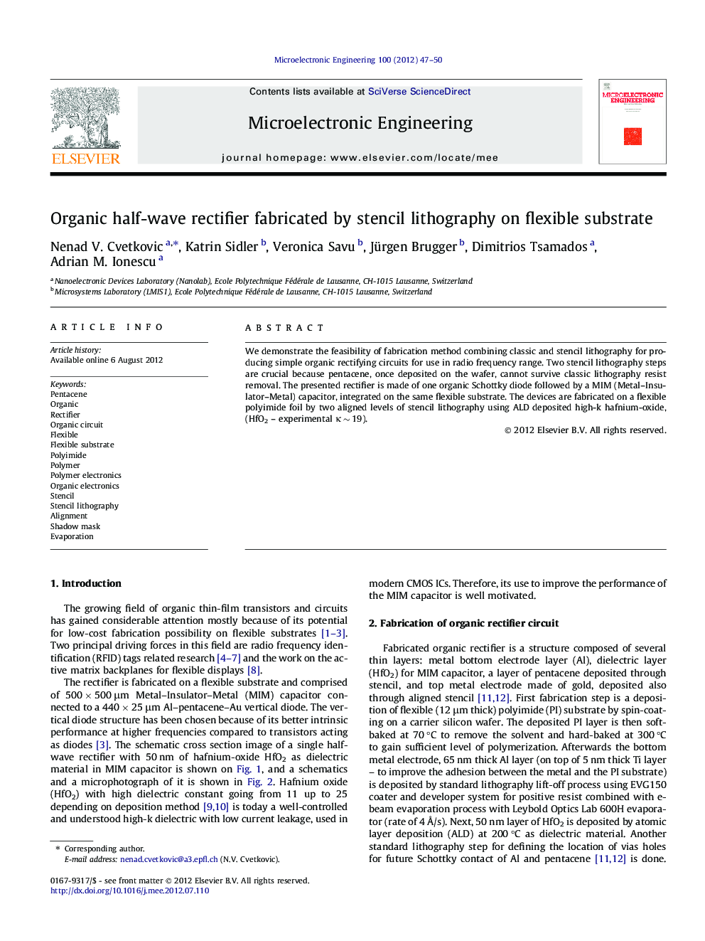 Organic half-wave rectifier fabricated by stencil lithography on flexible substrate