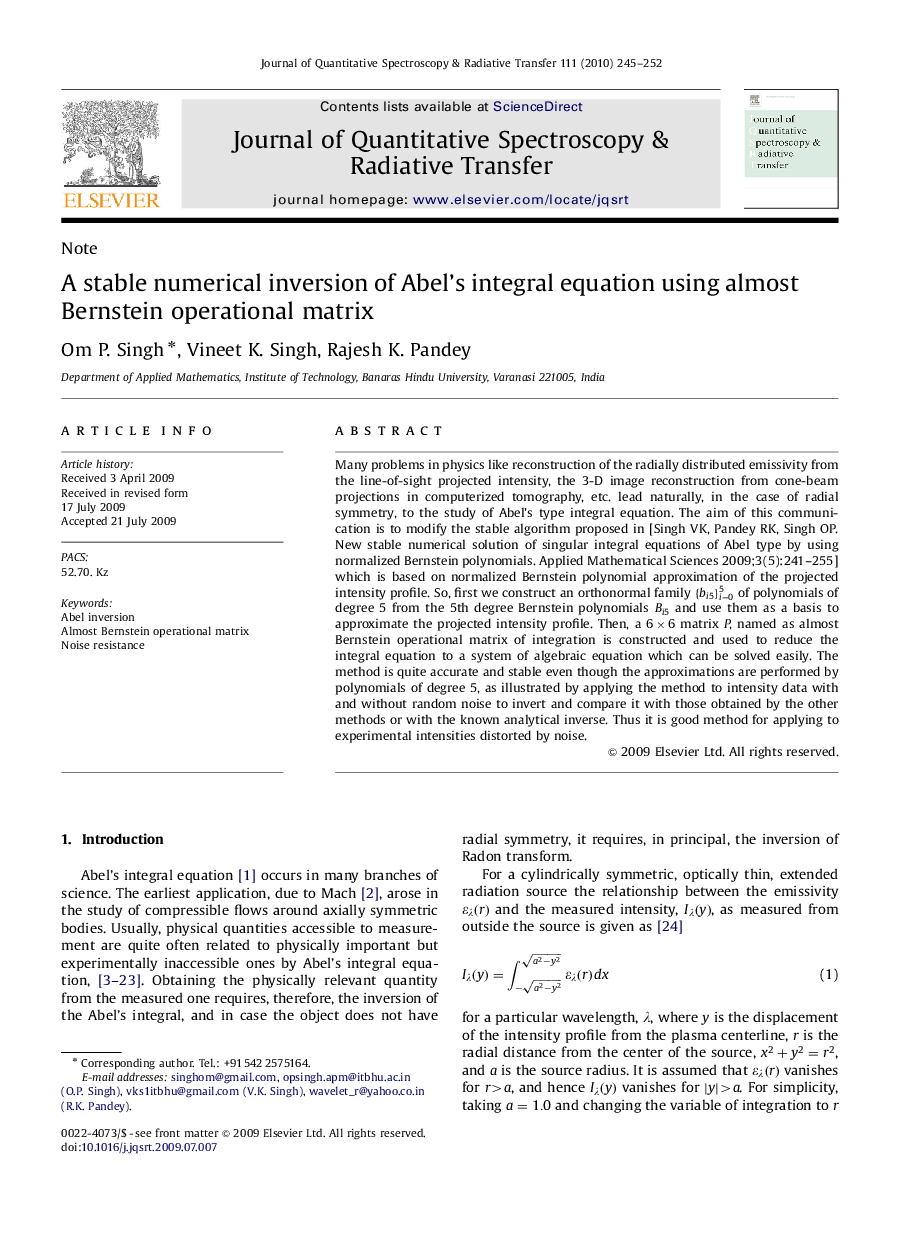 A stable numerical inversion of Abel's integral equation using almost Bernstein operational matrix