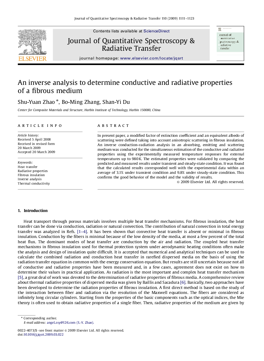 An inverse analysis to determine conductive and radiative properties of a fibrous medium