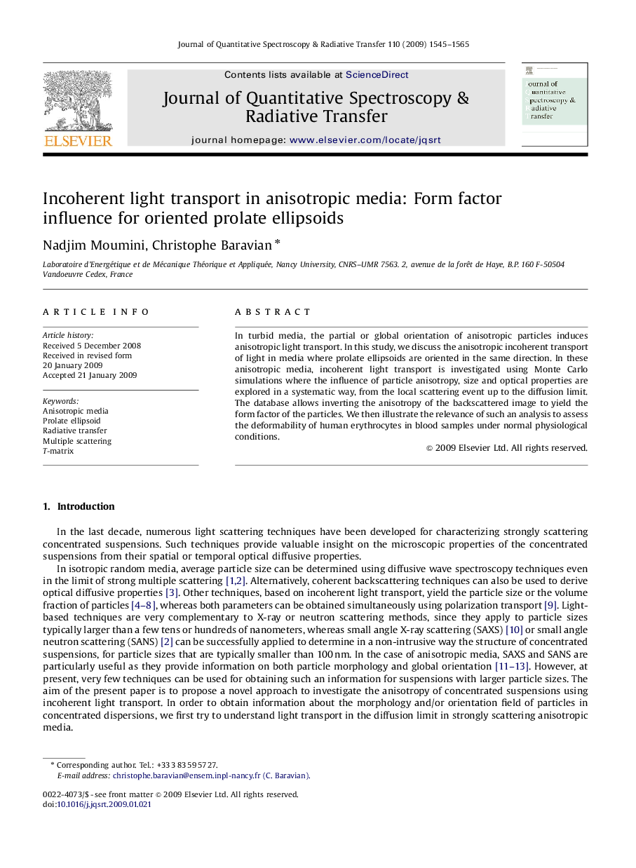 عکس صفحه اول مقاله: Incoherent light transport in anisotropic media: Form factor influence for oriented prolate ellipsoids Incoherent light transport in anisotropic media: Form factor influence for oriented prolate ellipsoids