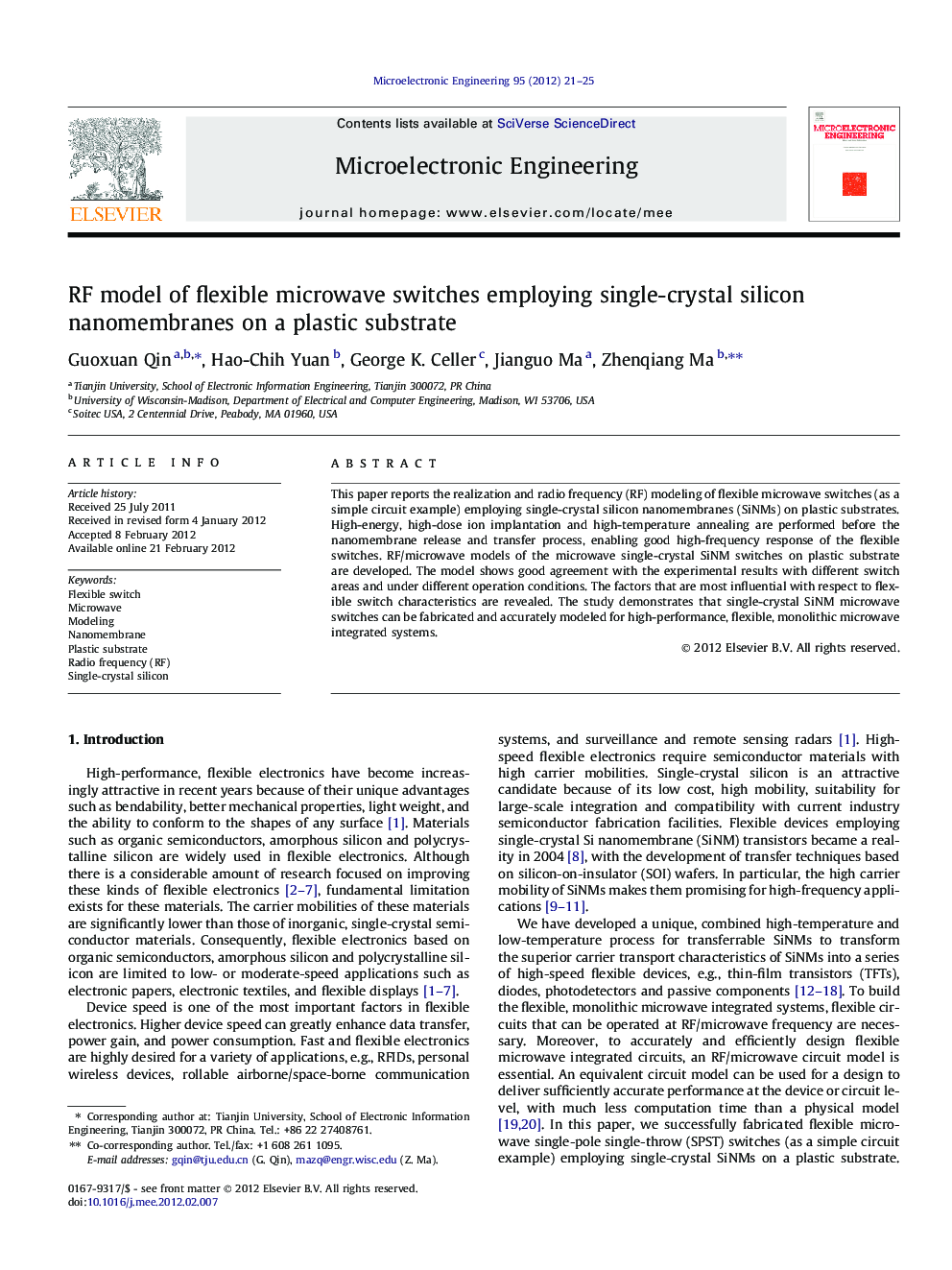 RF model of flexible microwave switches employing single-crystal silicon nanomembranes on a plastic substrate