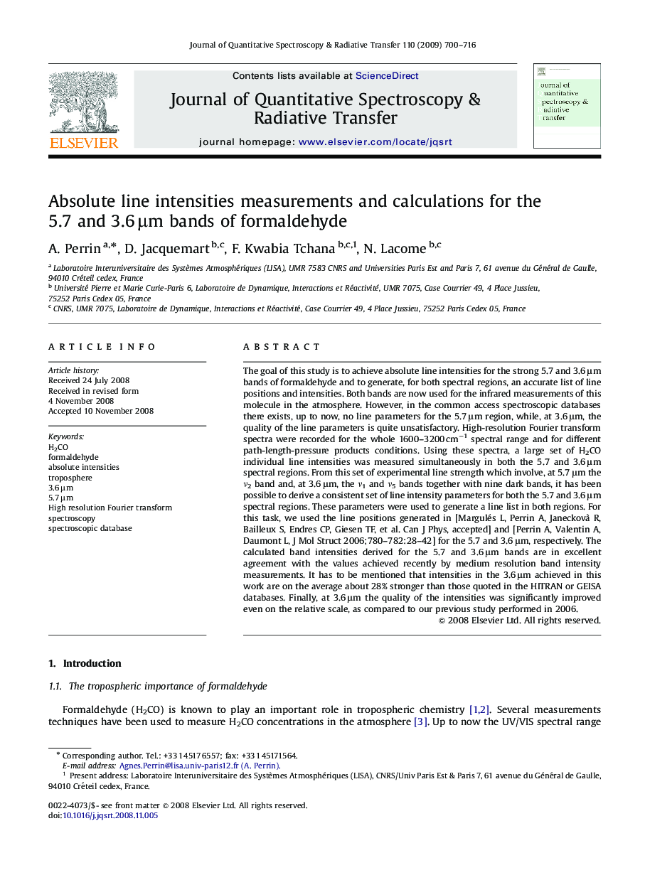 Absolute line intensities measurements and calculations for the 5.7 and 3.6 Î¼m bands of formaldehyde