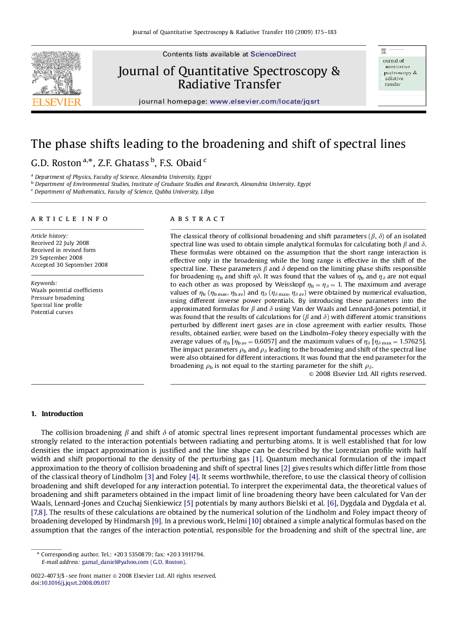 The phase shifts leading to the broadening and shift of spectral lines