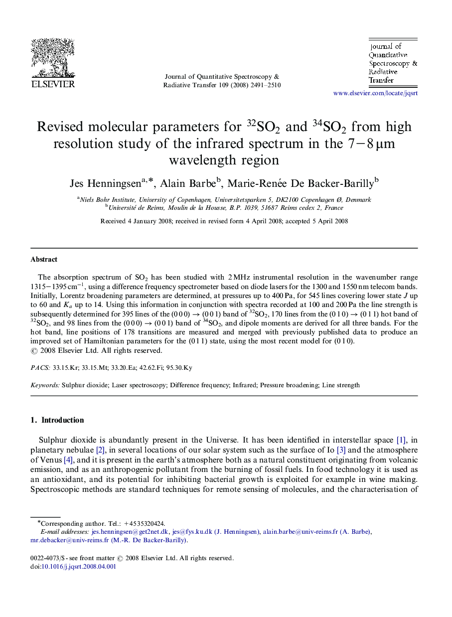 Revised molecular parameters for 32SO2 and 34SO2 from high resolution study of the infrared spectrum in the 7-8Î¼m wavelength region