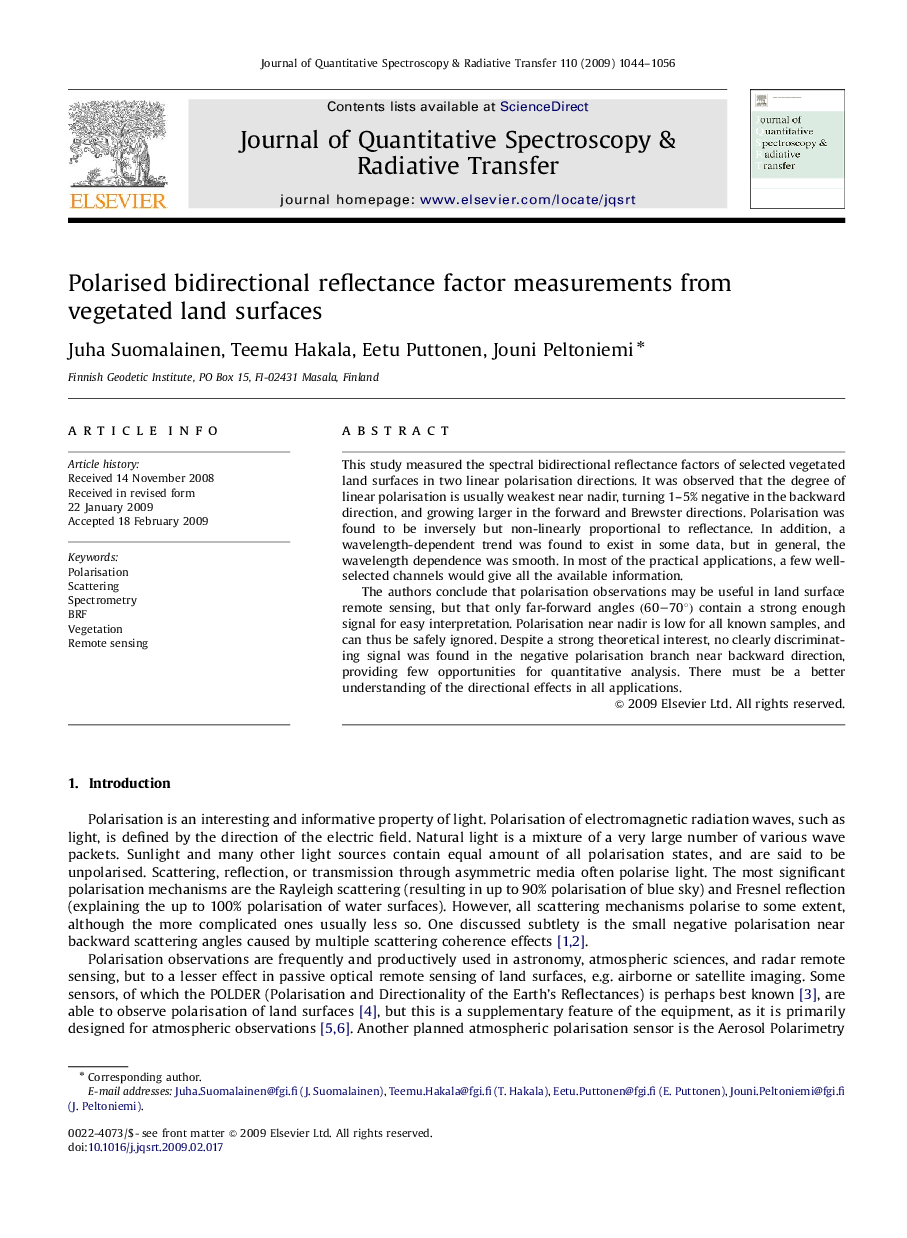 Polarised bidirectional reflectance factor measurements from vegetated land surfaces