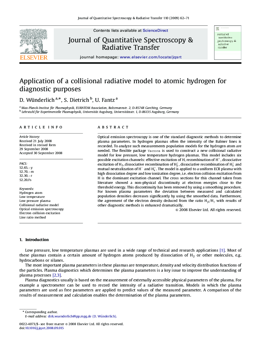 Application of a collisional radiative model to atomic hydrogen for diagnostic purposes