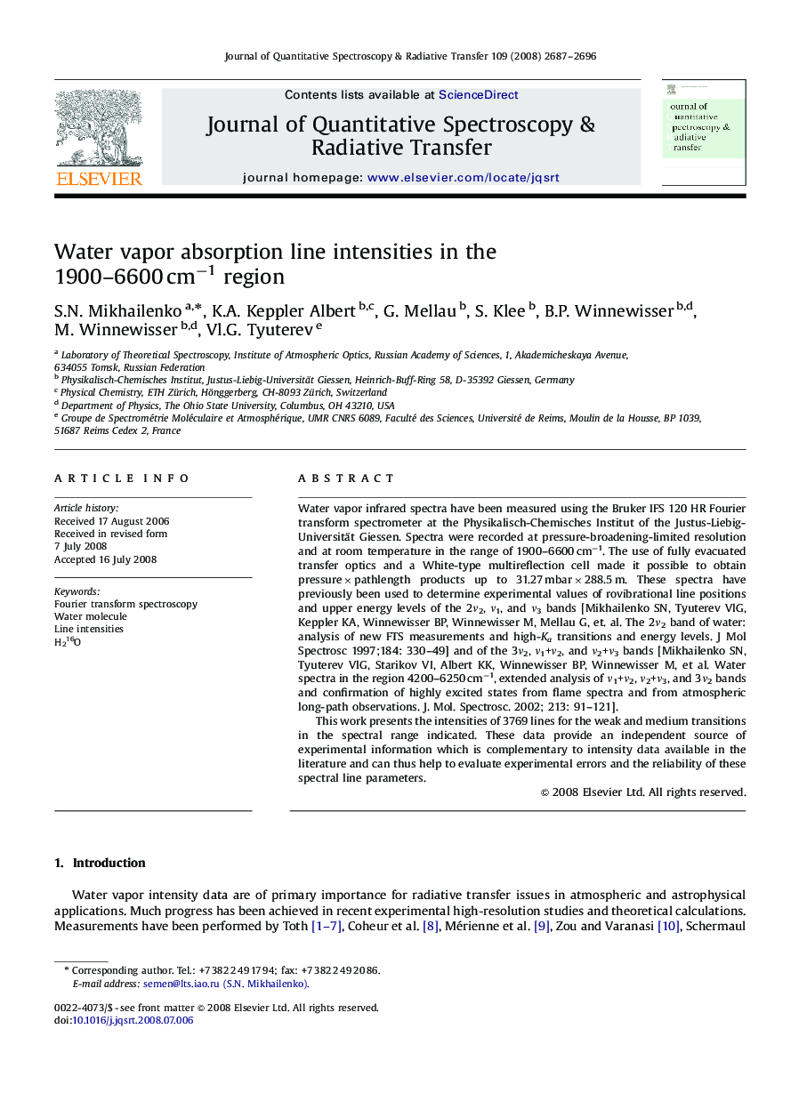 Water vapor absorption line intensities in the 1900-6600 cmâ1 region