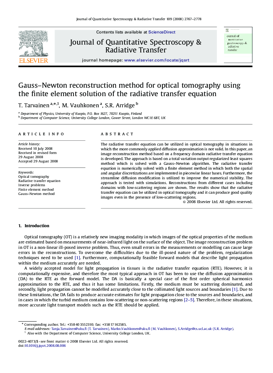 Gauss-Newton reconstruction method for optical tomography using the finite element solution of the radiative transfer equation