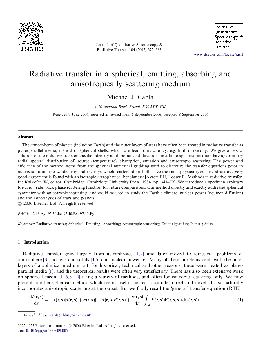 Radiative transfer in a spherical, emitting, absorbing and anisotropically scattering medium