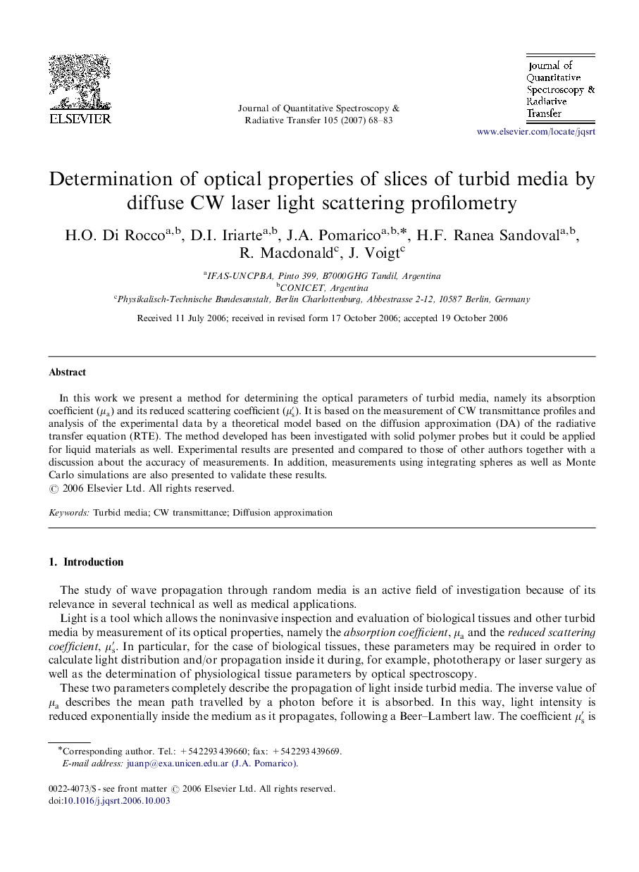 Determination of optical properties of slices of turbid media by diffuse CW laser light scattering profilometry