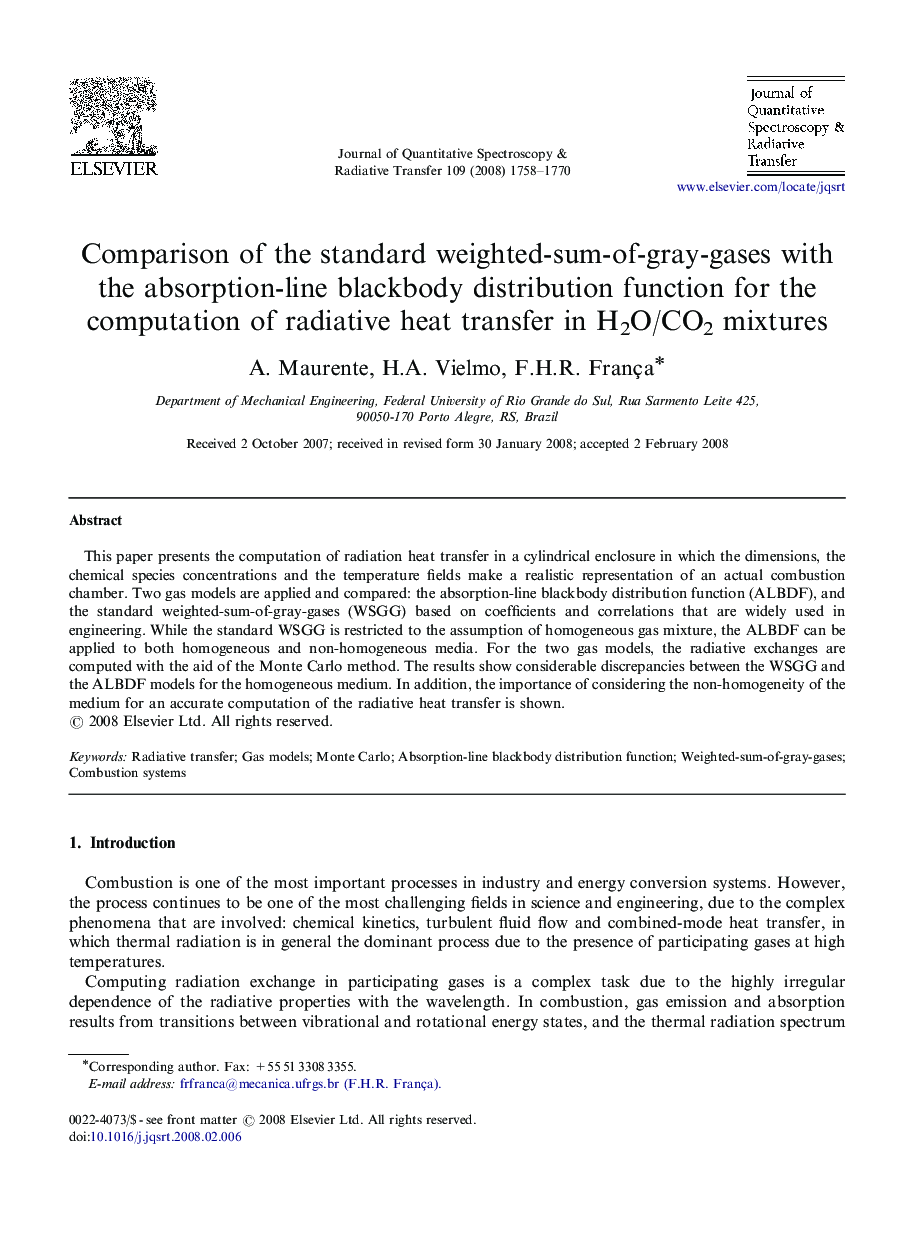 Comparison of the standard weighted-sum-of-gray-gases with the absorption-line blackbody distribution function for the computation of radiative heat transfer in H2O/CO2 mixtures