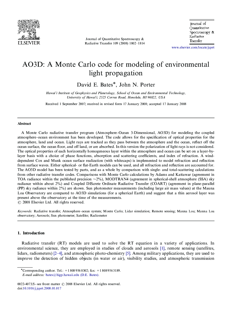AO3D: A Monte Carlo code for modeling of environmental light propagation