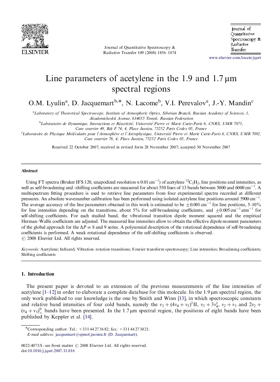 Line parameters of acetylene in the 1.9 and 1.7 Î¼m spectral regions