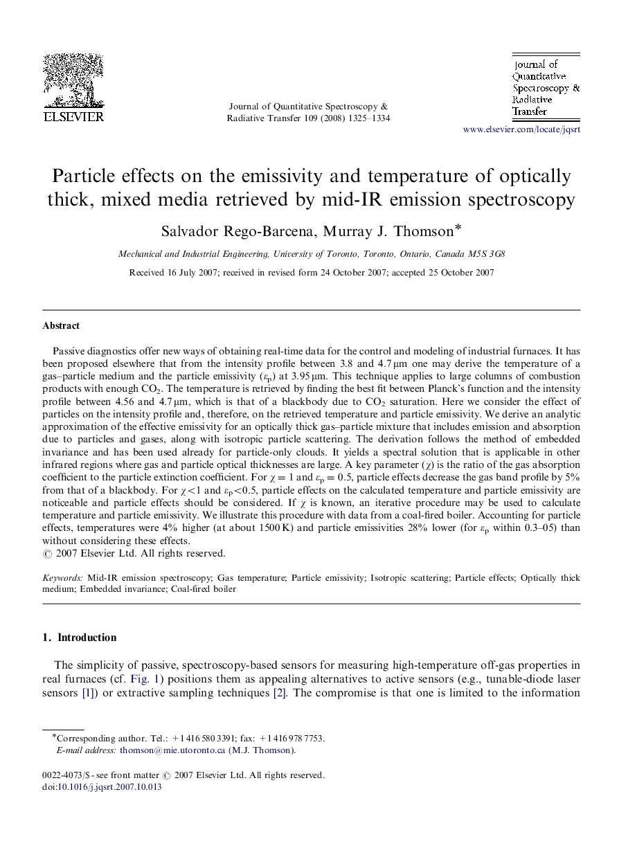 Particle effects on the emissivity and temperature of optically thick, mixed media retrieved by mid-IR emission spectroscopy