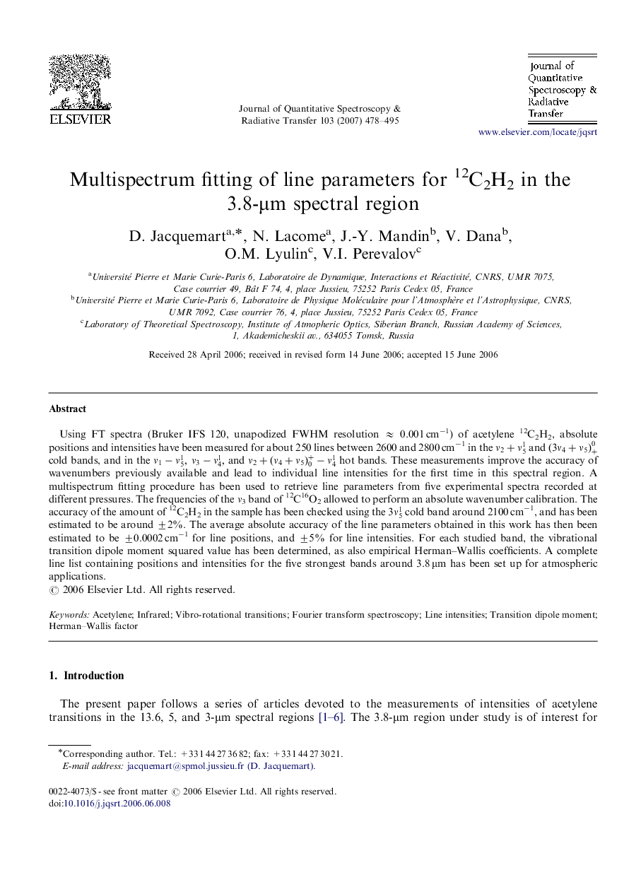 Multispectrum fitting of line parameters for 12C2H2 in the 3.8-Î¼m spectral region