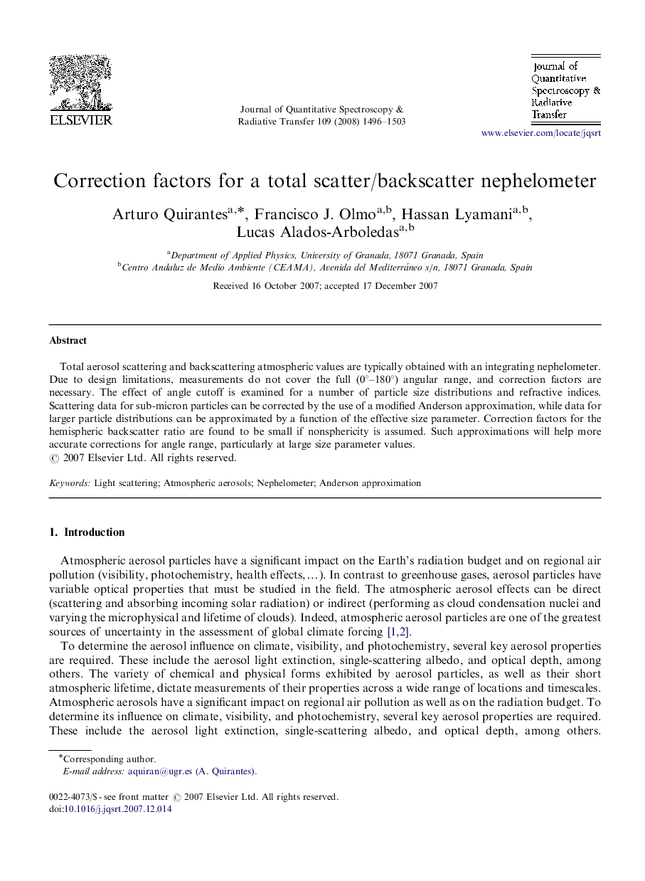 Correction factors for a total scatter/backscatter nephelometer