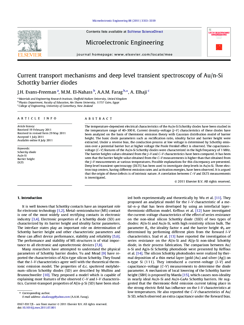 Current transport mechanisms and deep level transient spectroscopy of Au/n-Si Schottky barrier diodes