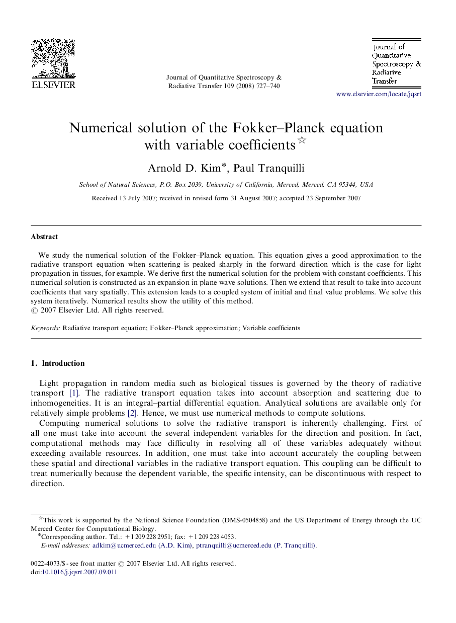 Numerical solution of the Fokker-Planck equation with variable coefficients