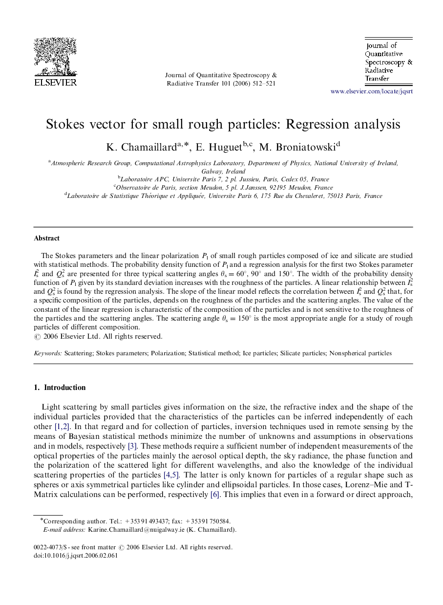 Stokes vector for small rough particles: Regression analysis