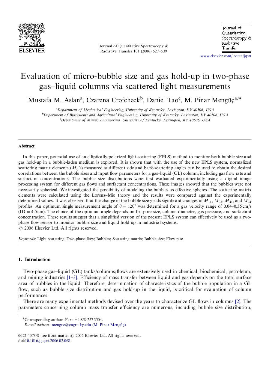 Evaluation of micro-bubble size and gas hold-up in two-phase gas-liquid columns via scattered light measurements