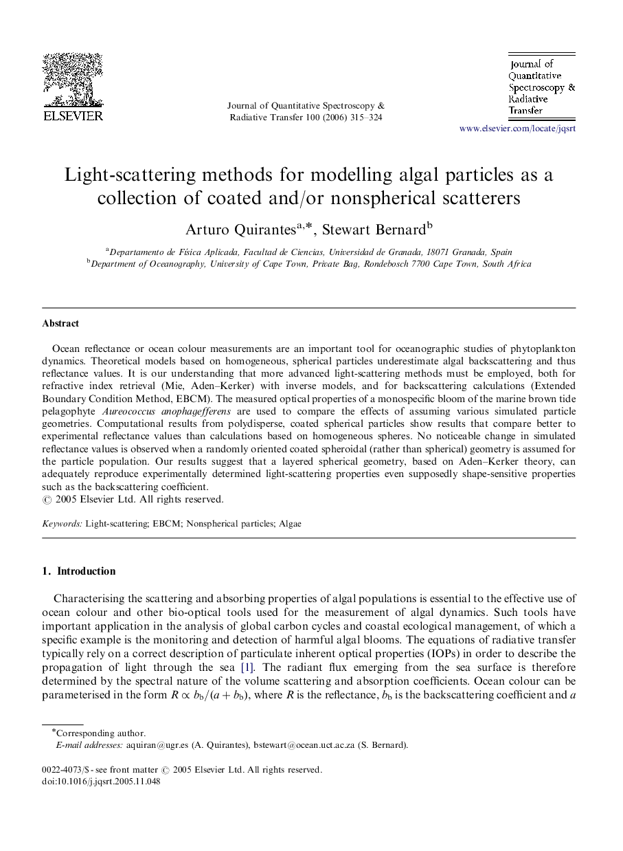 Light-scattering methods for modelling algal particles as a collection of coated and/or nonspherical scatterers