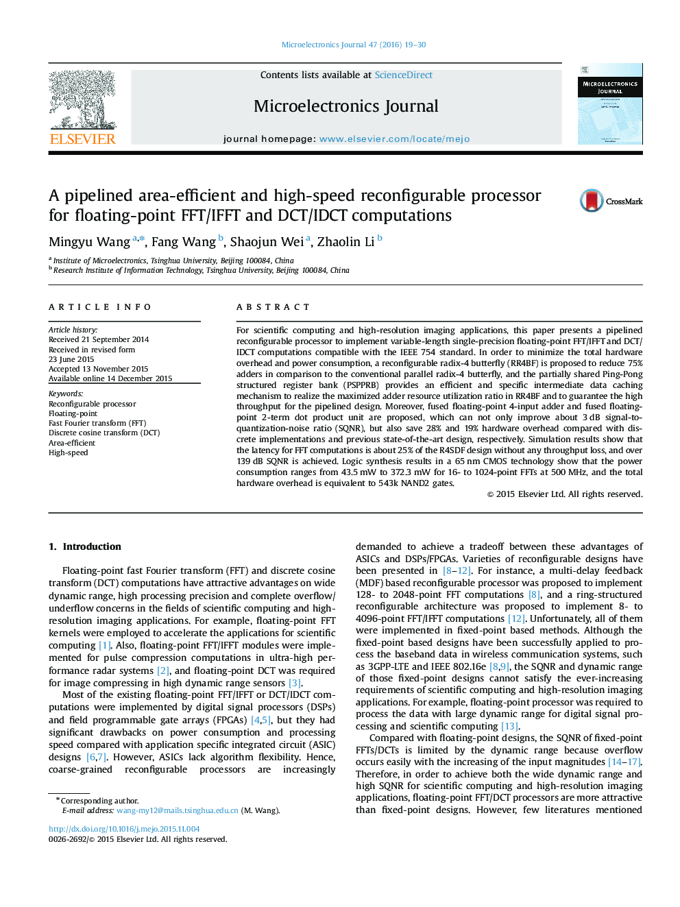 A pipelined area-efficient and high-speed reconfigurable processor for floating-point FFT/IFFT and DCT/IDCT computations