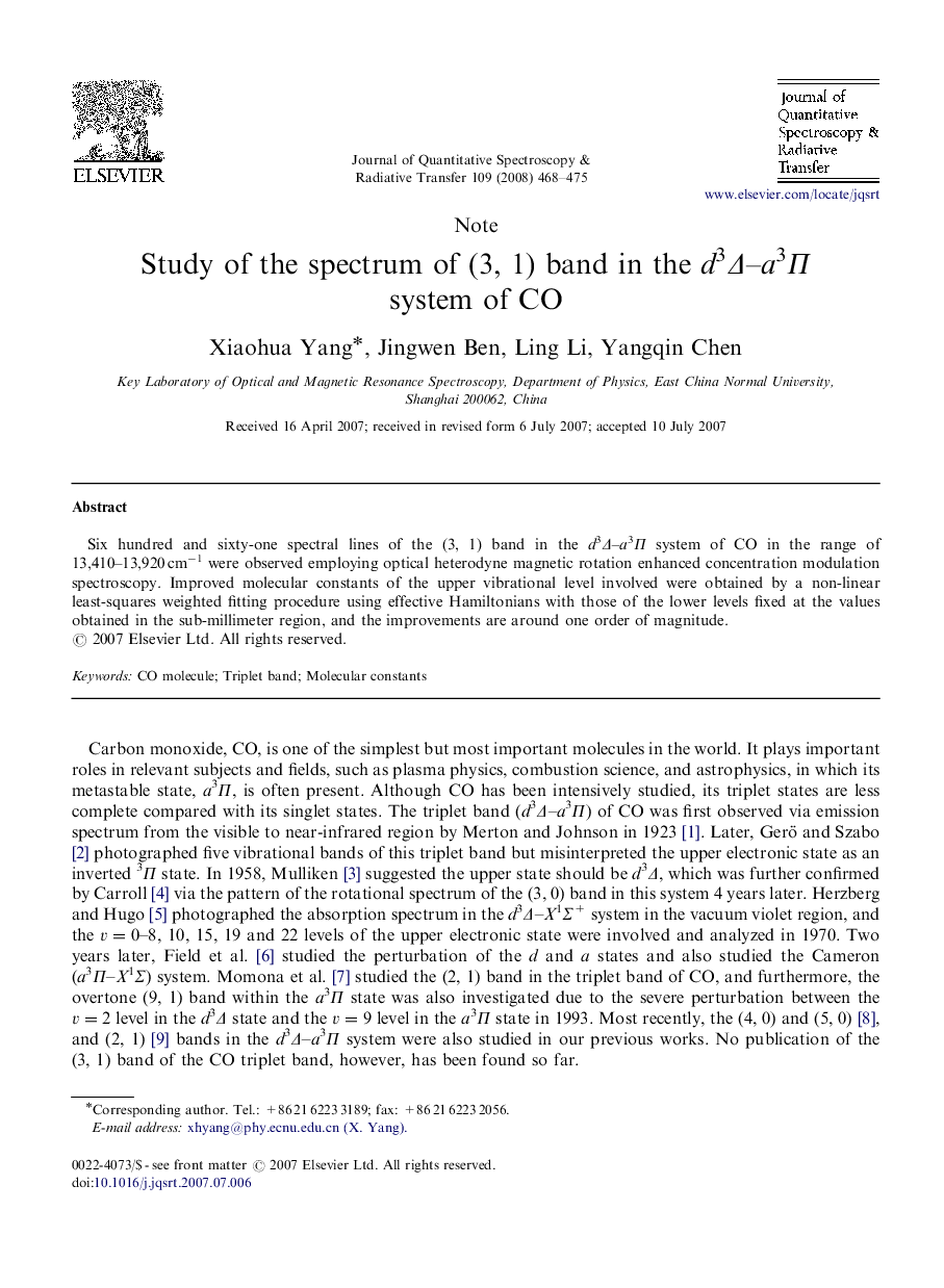 Study of the spectrum of (3, 1) band in the d3Î-a3Î  system of CO