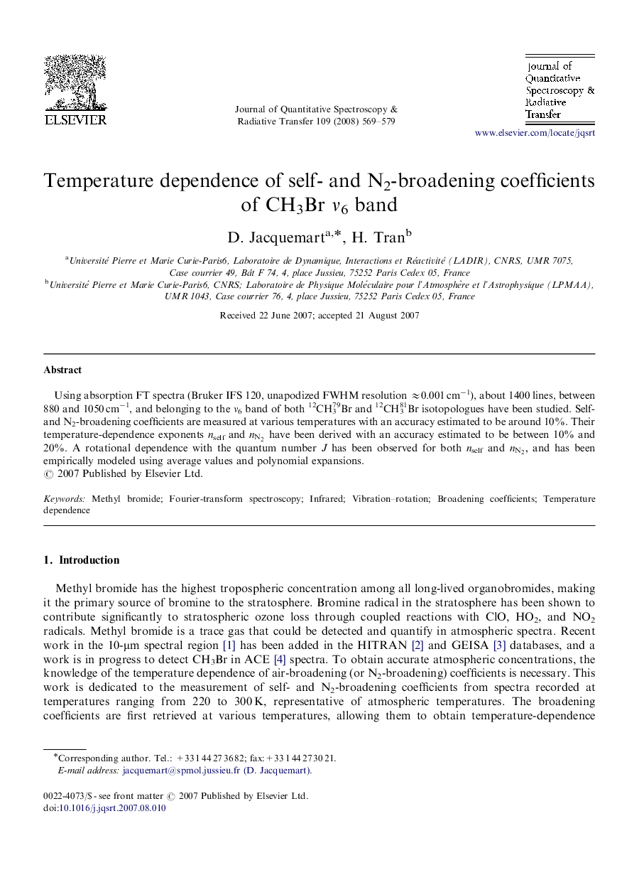 Temperature dependence of self- and N2-broadening coefficients of CH3Br Î½6 band