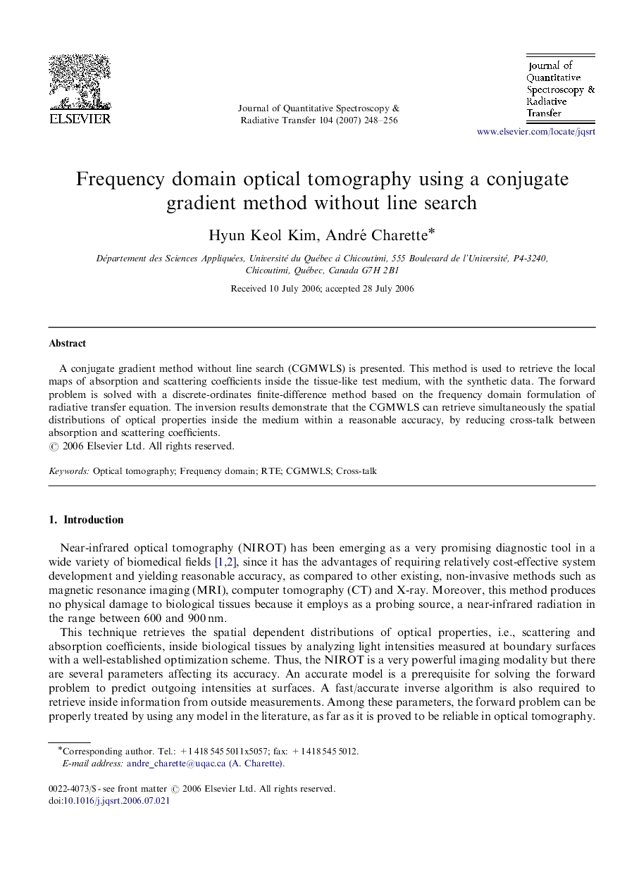 Frequency domain optical tomography using a conjugate gradient method without line search