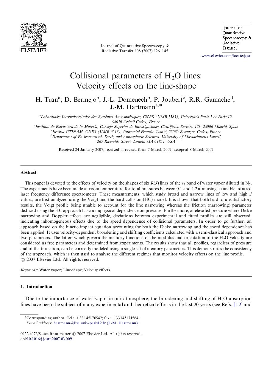 Collisional parameters of H2O lines: Velocity effects on the line-shape