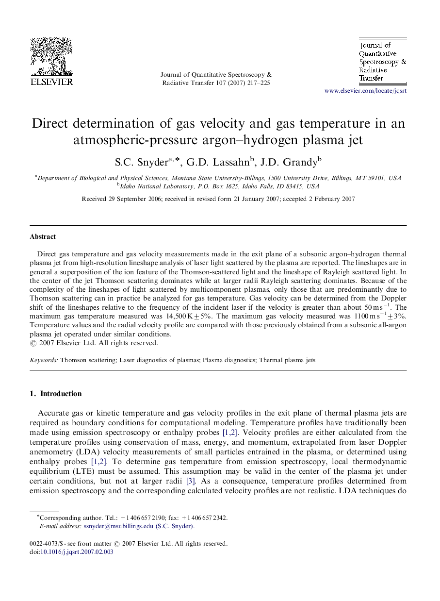 Direct determination of gas velocity and gas temperature in an atmospheric-pressure argon-hydrogen plasma jet