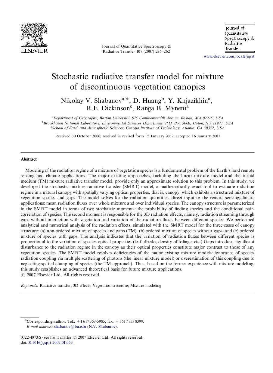 Stochastic radiative transfer model for mixture of discontinuous vegetation canopies