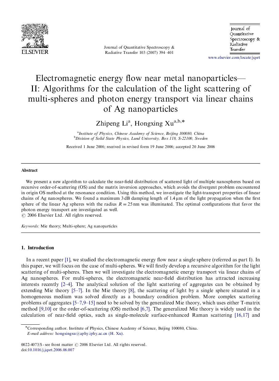 Electromagnetic energy flow near metal nanoparticles-II: Algorithms for the calculation of the light scattering of multi-spheres and photon energy transport via linear chains of Ag nanoparticles