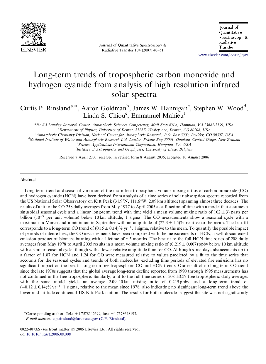 Long-term trends of tropospheric carbon monoxide and hydrogen cyanide from analysis of high resolution infrared solar spectra