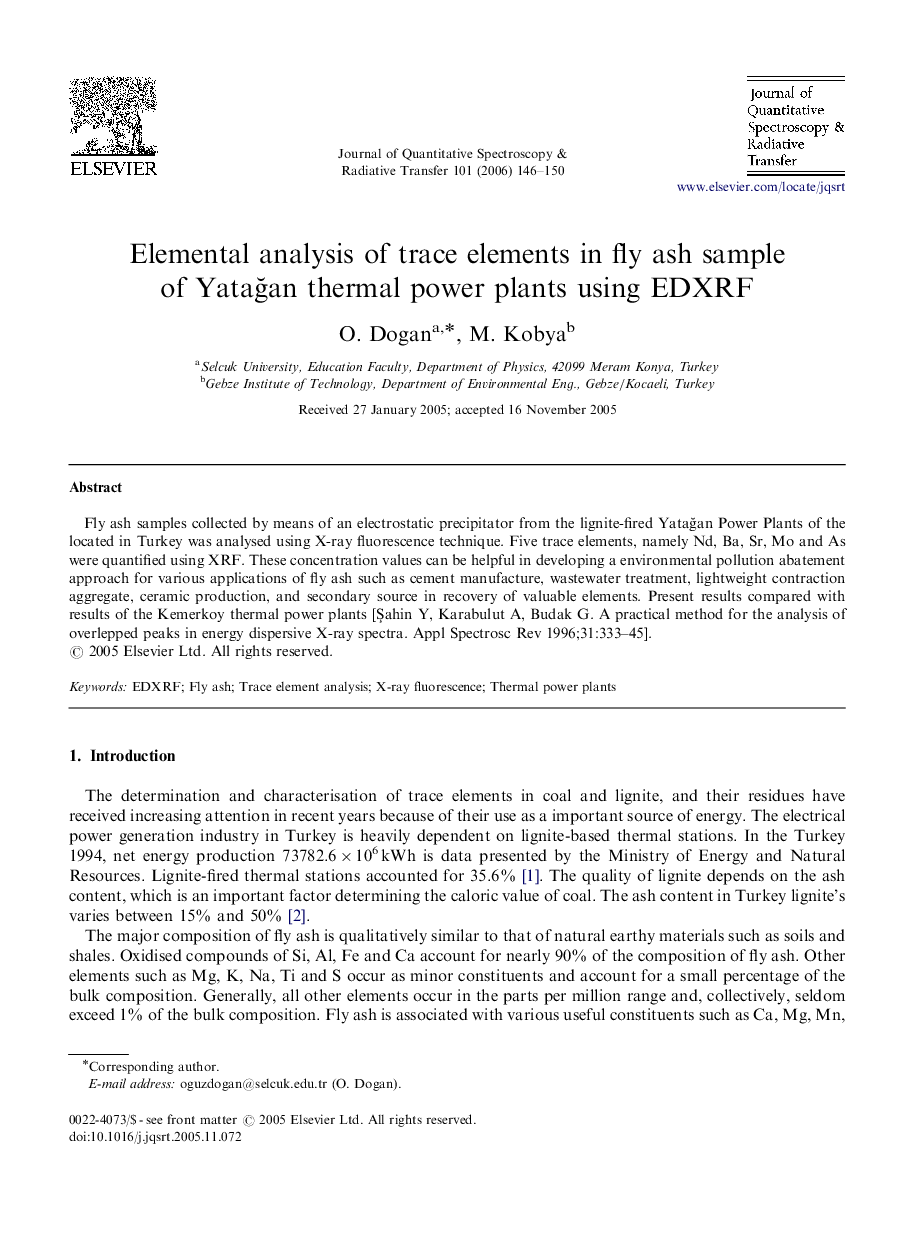 Elemental analysis of trace elements in fly ash sample of YataÄan thermal power plants using EDXRF