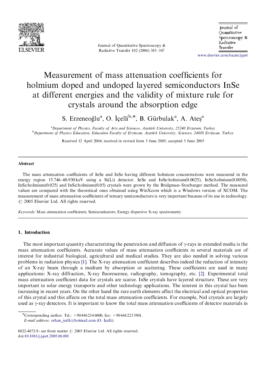 Measurement of mass attenuation coefficients for holmium doped and undoped layered semiconductors InSe at different energies and the validity of mixture rule for crystals around the absorption edge