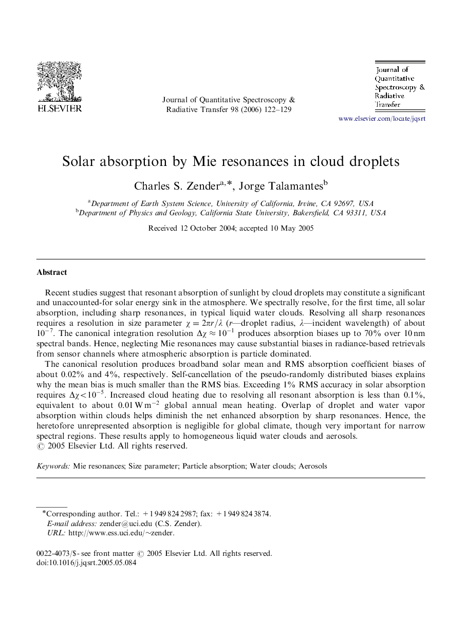 Solar absorption by Mie resonances in cloud droplets