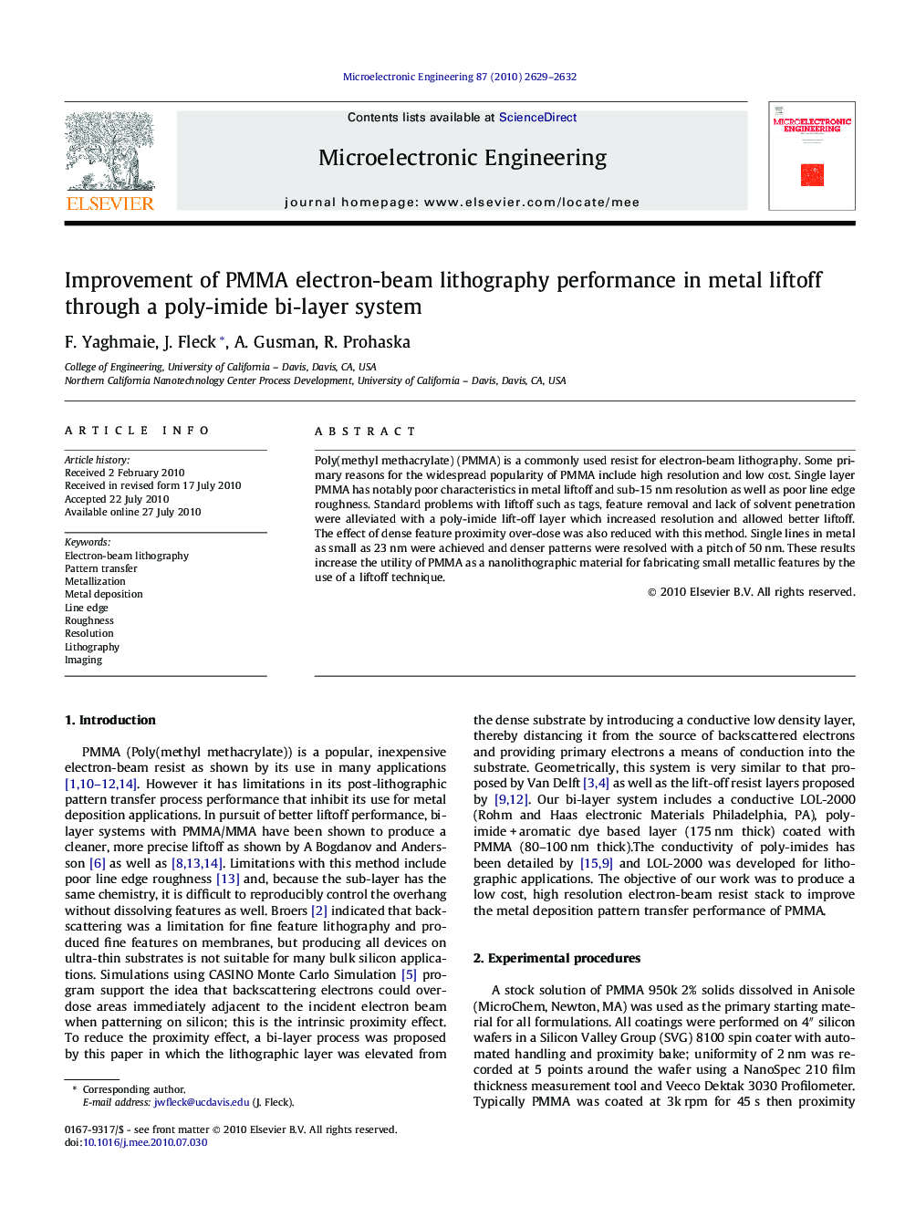 Improvement of PMMA electron-beam lithography performance in metal liftoff through a poly-imide bi-layer system