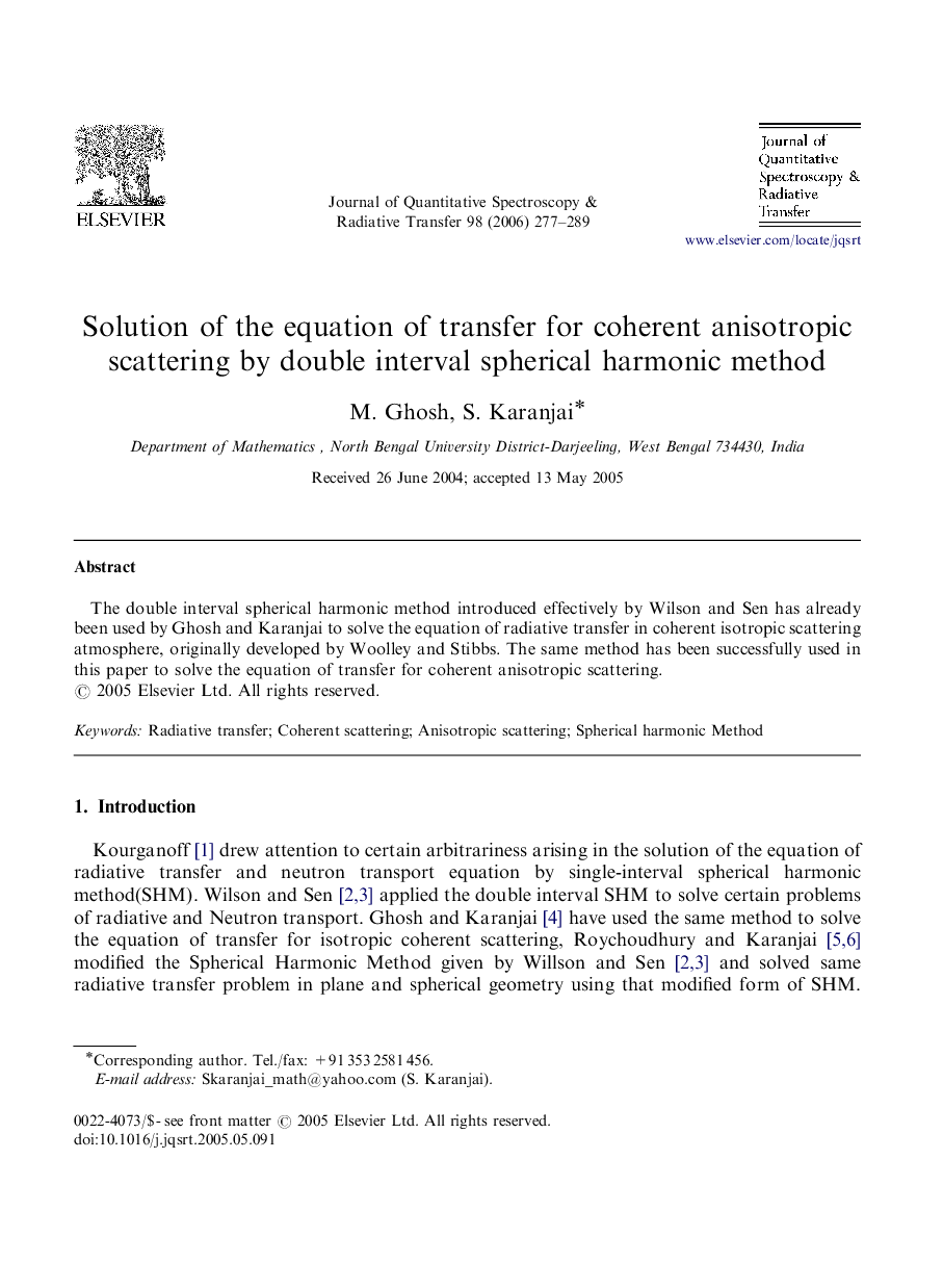 Solution of the equation of transfer for coherent anisotropic scattering by double interval spherical harmonic method