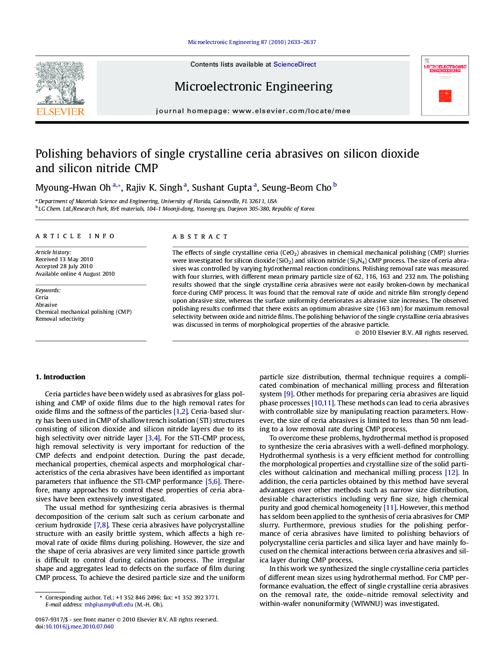 Polishing behaviors of single crystalline ceria abrasives on silicon dioxide and silicon nitride CMP