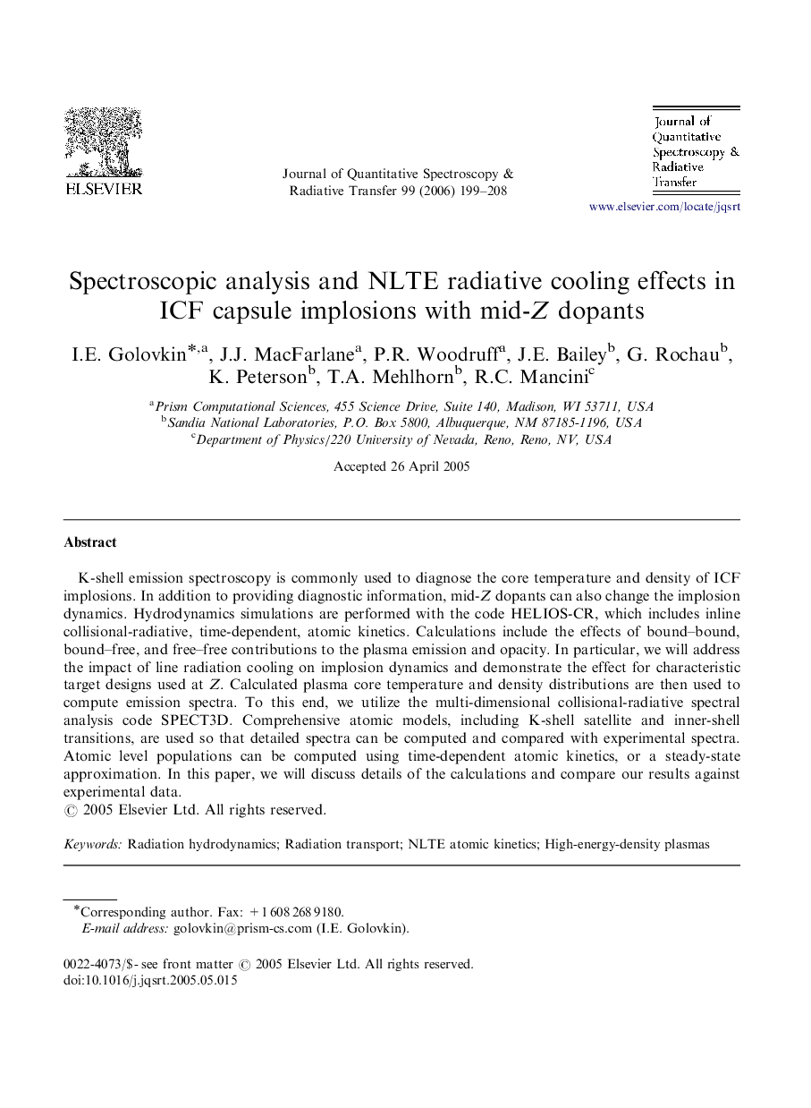 Spectroscopic analysis and NLTE radiative cooling effects in ICF capsule implosions with mid-Z dopants