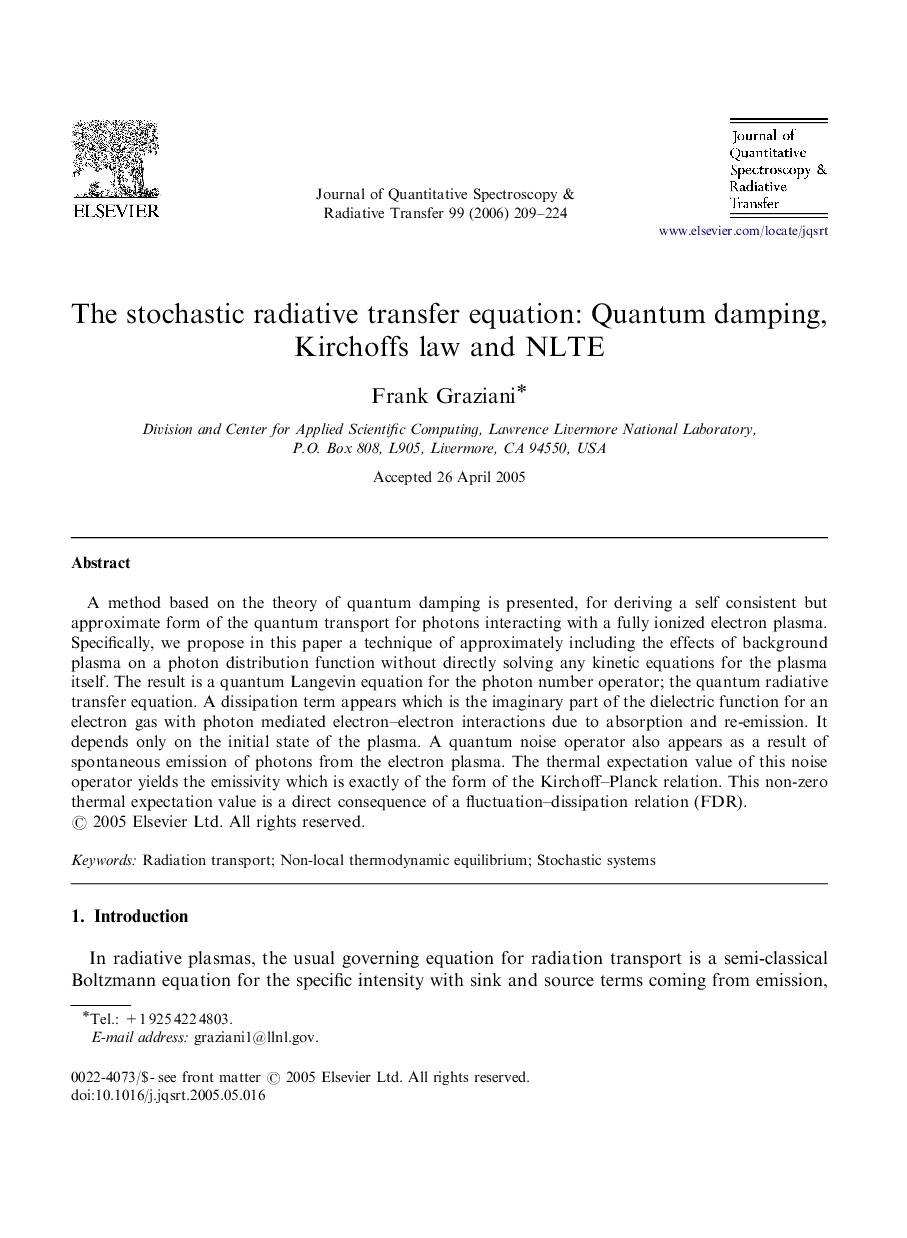 The stochastic radiative transfer equation: Quantum damping, Kirchoffs law and NLTE