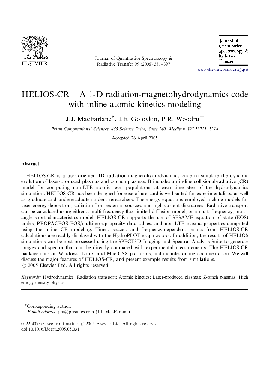 HELIOS-CR - A 1-D radiation-magnetohydrodynamics code with inline atomic kinetics modeling