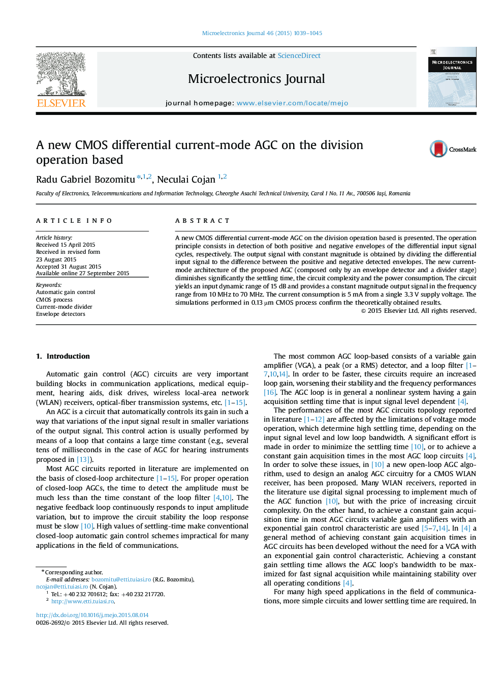 A new CMOS differential current-mode AGC on the division operation based