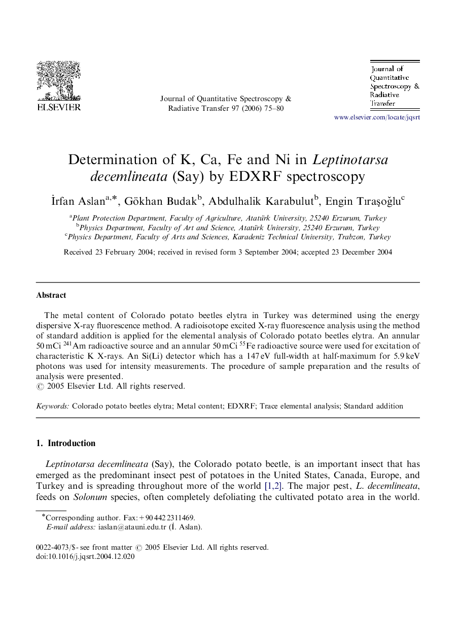 Determination of K, Ca, Fe and Ni in Leptinotarsa decemlineata (Say) by EDXRF spectroscopy