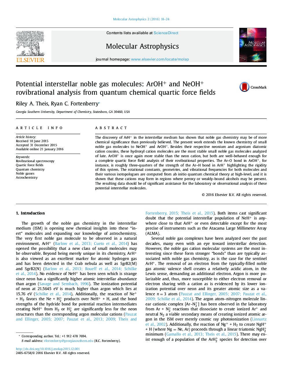 عکس صفحه اول مقاله: Potential interstellar noble gas molecules: ArOH+ and NeOH+ rovibrational analysis from quantum chemical quartic force fields Potential interstellar noble gas molecules: ArOH+ and NeOH+ rovibrational analysis from quantum chemical quartic force fields