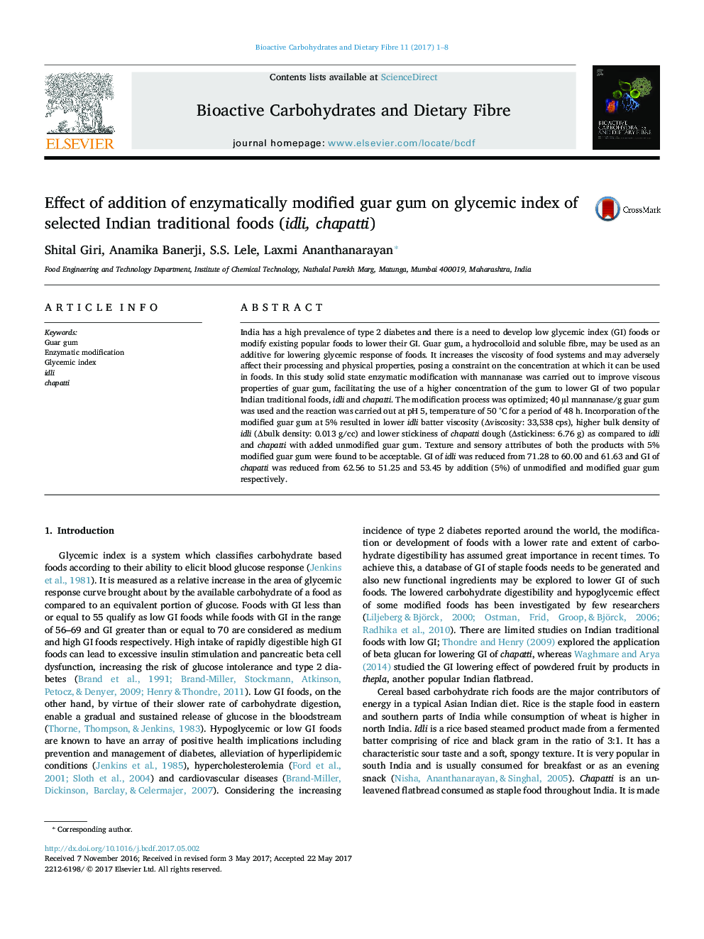 Effect of addition of enzymatically modified guar gum on glycemic index of selected Indian traditional foods (idli, chapatti)