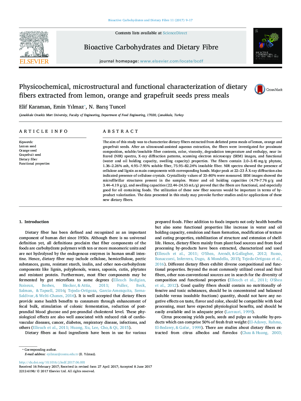 Physicochemical, microstructural and functional characterization of dietary fibers extracted from lemon, orange and grapefruit seeds press meals