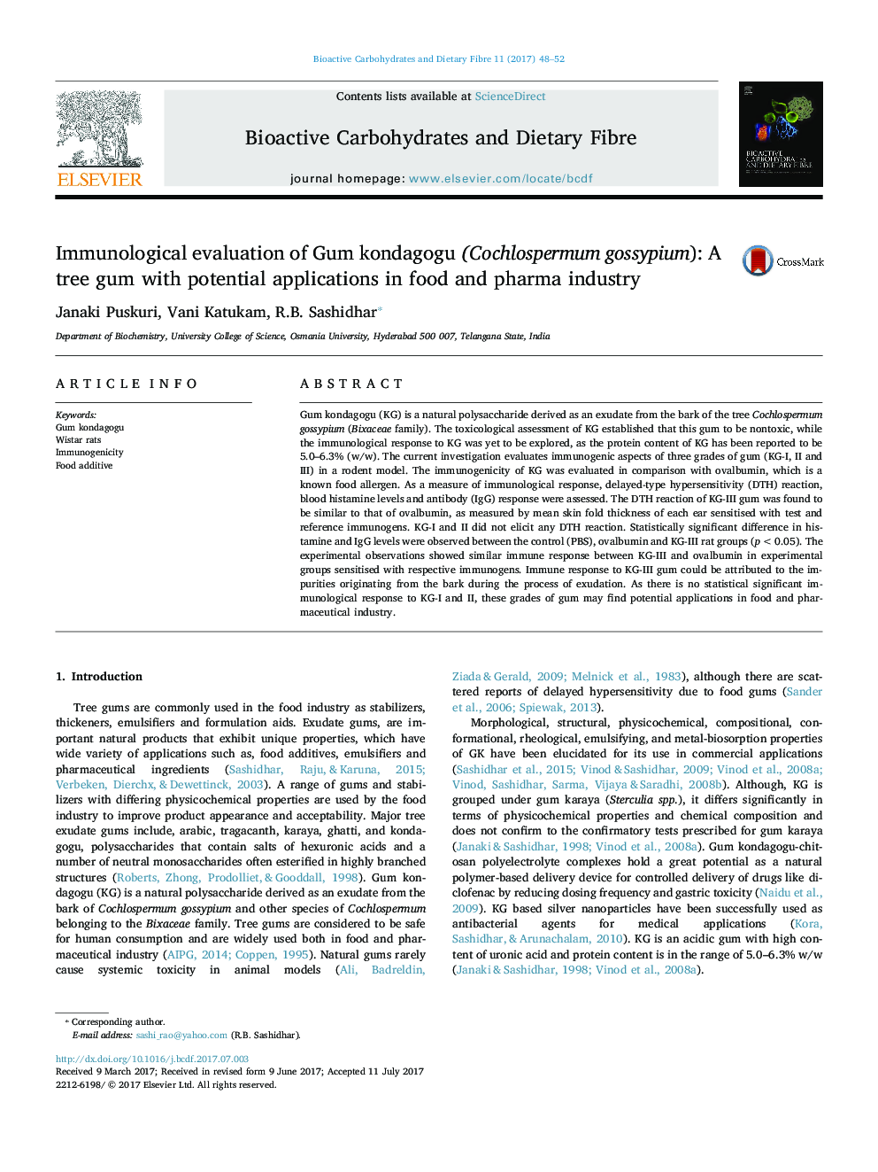 Immunological evaluation of Gum kondagogu (Cochlospermum gossypium): A tree gum with potential applications in food and pharma industry