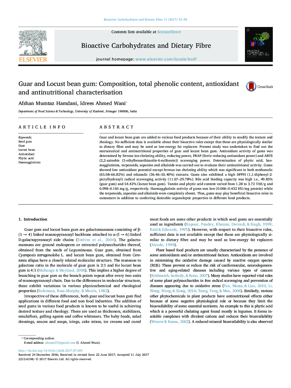 Guar and Locust bean gum: Composition, total phenolic content, antioxidant and antinutritional characterisation